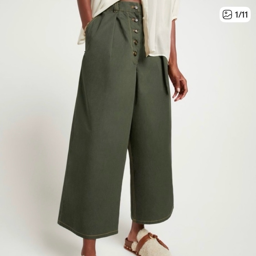 Wide Leg Cropped Button-Front Pants - Olive